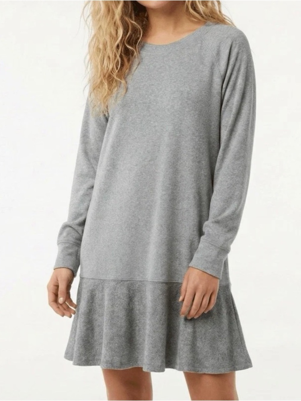 Cabi Grey Sweatshirt Dress Long Sleeve Faux Fur Hem Mini Dress S 5590